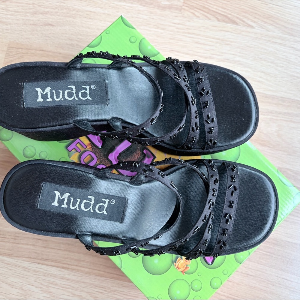 Vintage Mudd Reed Black Satin Wedge Platform Sandals NEW IN BOX - Picture 2 of 4